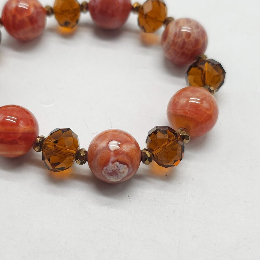 Red Onyx Amber Glass Bead Stretch Bracelet Vintage Handmade Jewelry - Picture 2 of 4